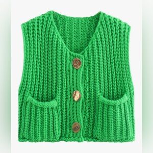 Green Knit Button-Front Vest